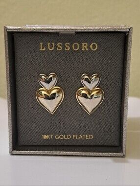 Double Heart Stud Earrings - Gold And Silver Tone